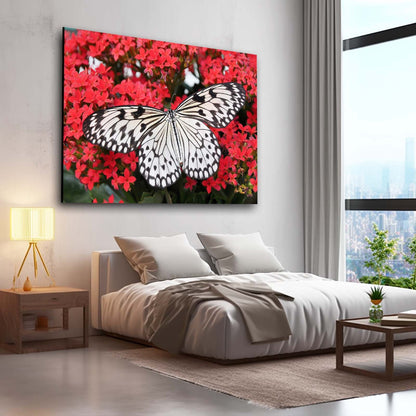 White Butterfly On Red Flowers Wall Art