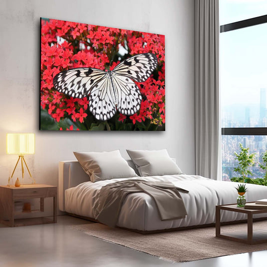 White Butterfly On Red Flowers Wall Art — psychedelic canvas print in red tones, view 5