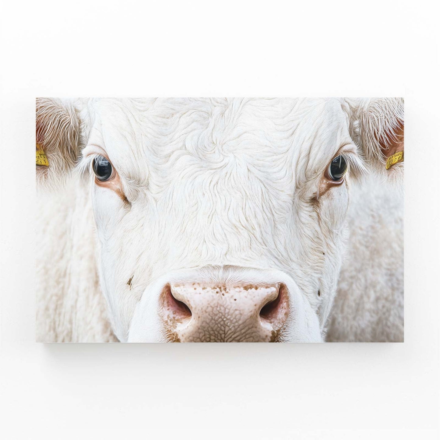 White Cow Wall Art – angled canvas view on white background