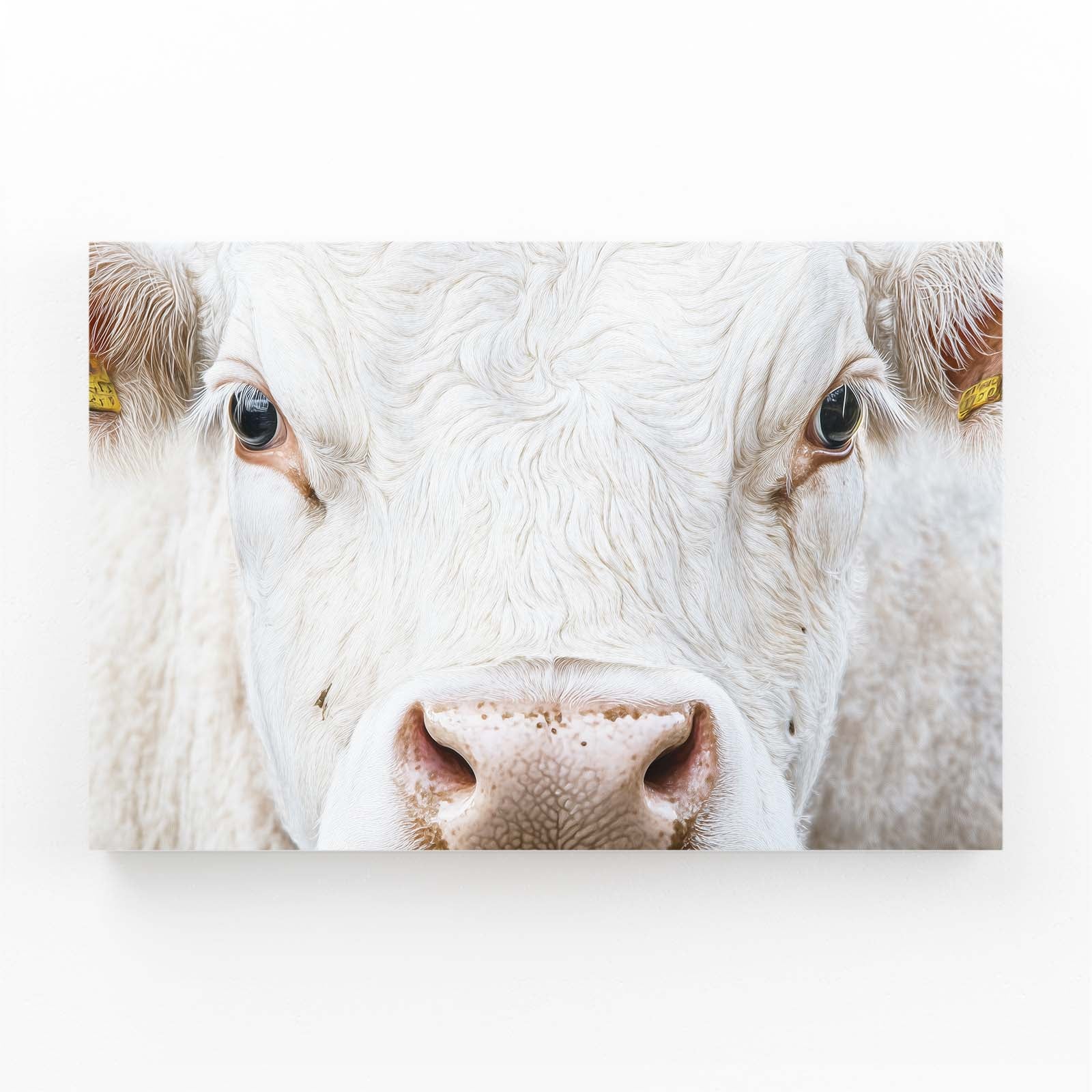 White Cow Wall Art – angled canvas view on white background