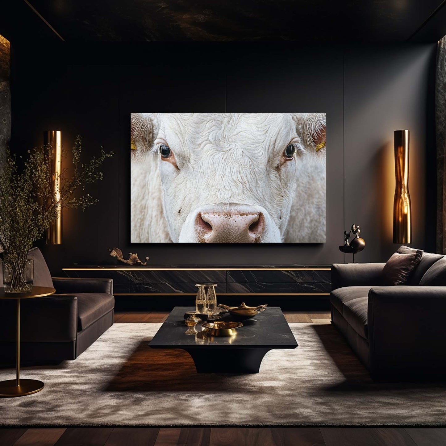 White Cow Wall Art – angled canvas view on white background
