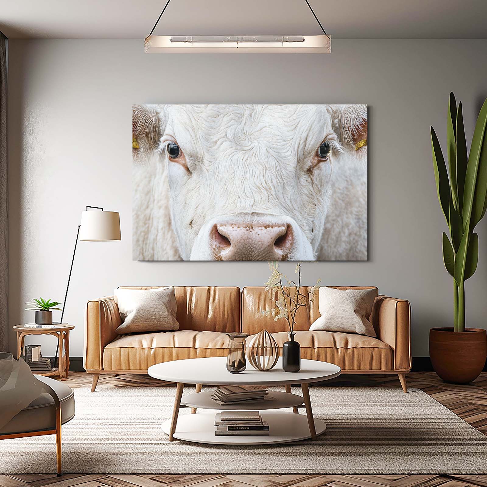 White Cow Wall Art – angled canvas view on white background