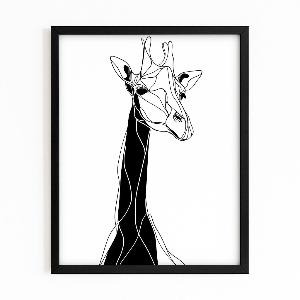 Framed black and white line art of a giraffe on a white background
