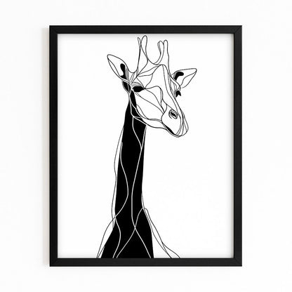 Framed black and white line art of a giraffe on a white background