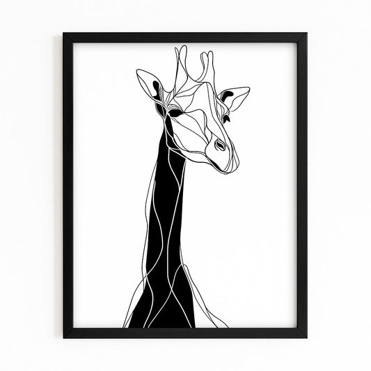 Framed black and white line art of a giraffe on a white background