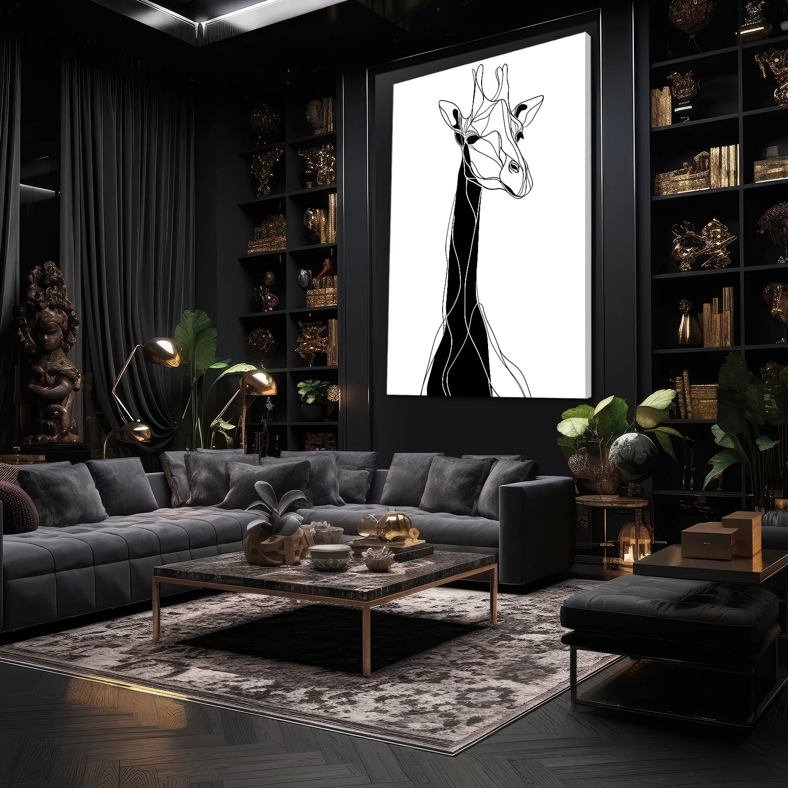Modern living room with dark walls, a gray sectional sofa, and a large framed black and white giraffe art piece.