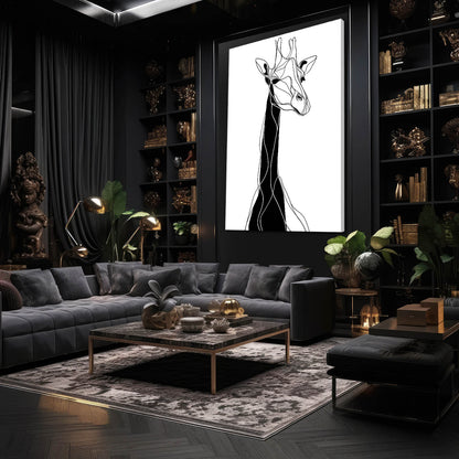 Modern living room with dark walls, a gray sectional sofa, and a large framed black and white giraffe art piece.