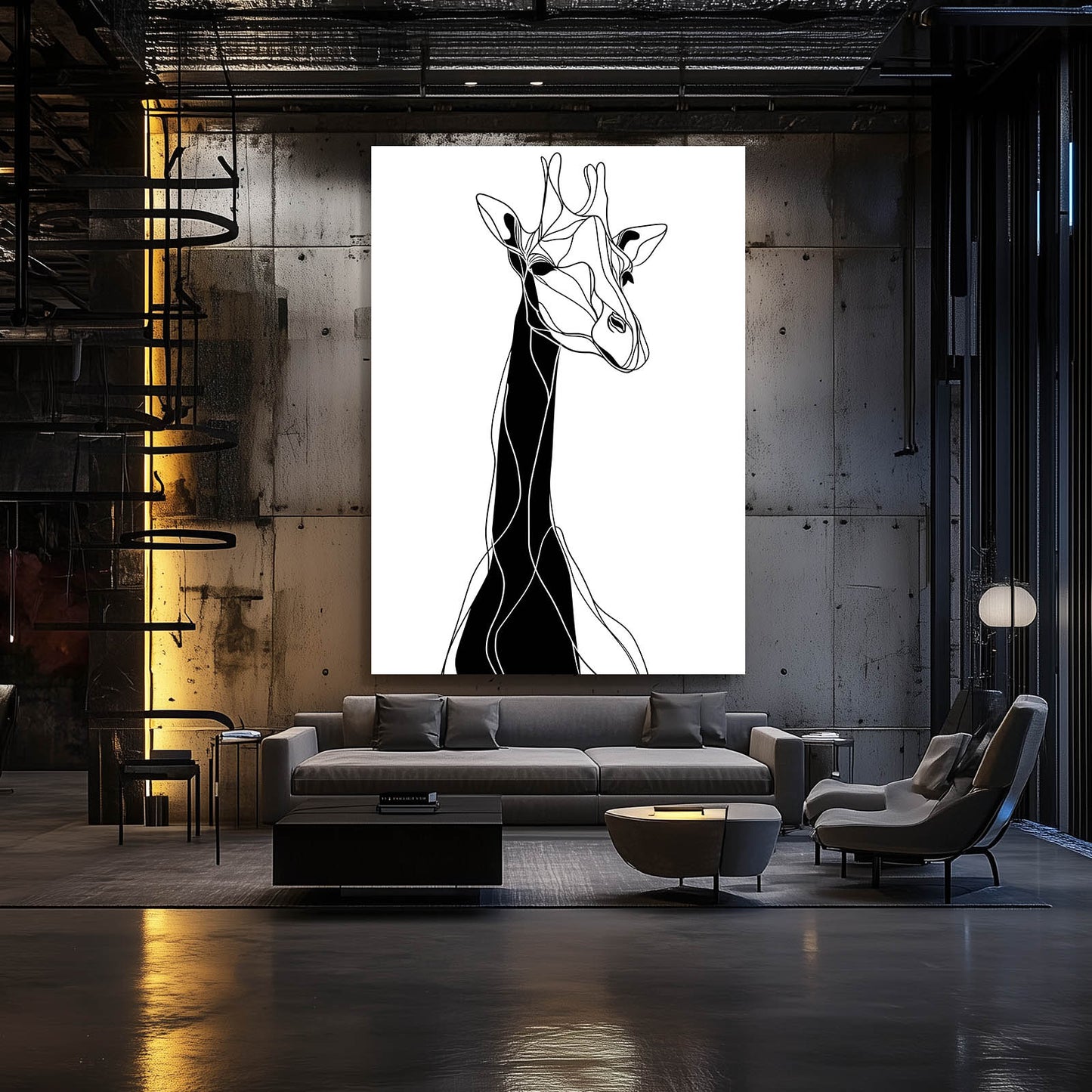 Modern living room with a large abstract giraffe painting on the wall.