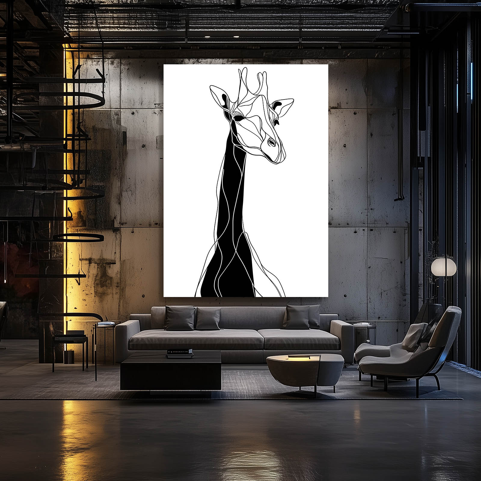 Modern living room with a large abstract giraffe painting on the wall.