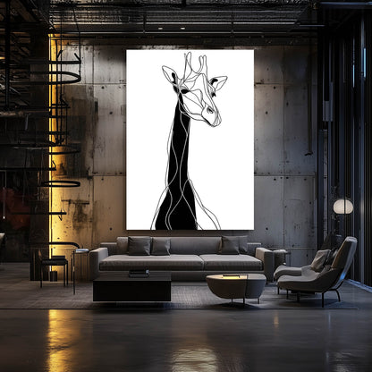 Modern living room with a large abstract giraffe painting on the wall.
