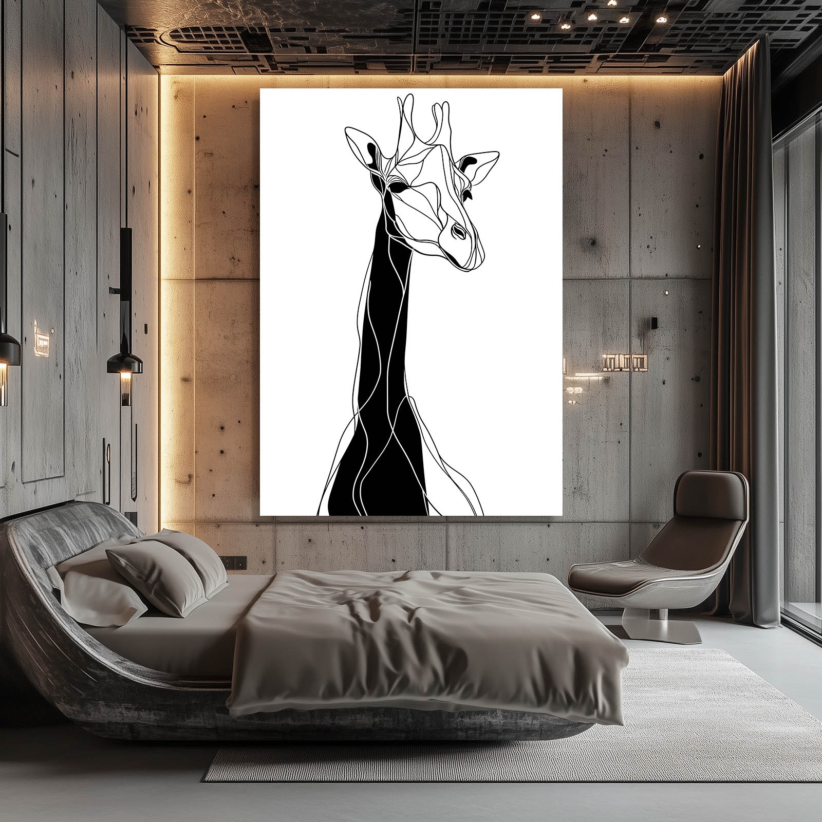 Modern bedroom with a large abstract giraffe painting on the wall.