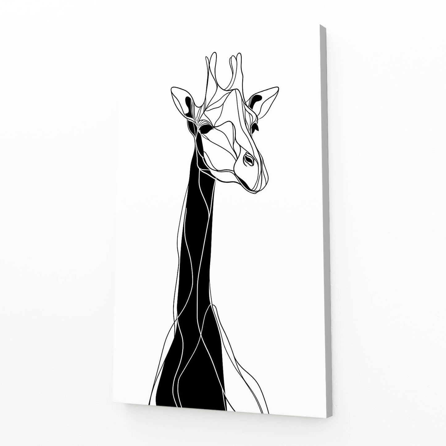 Minimalist black and white line art of a giraffe on a white background