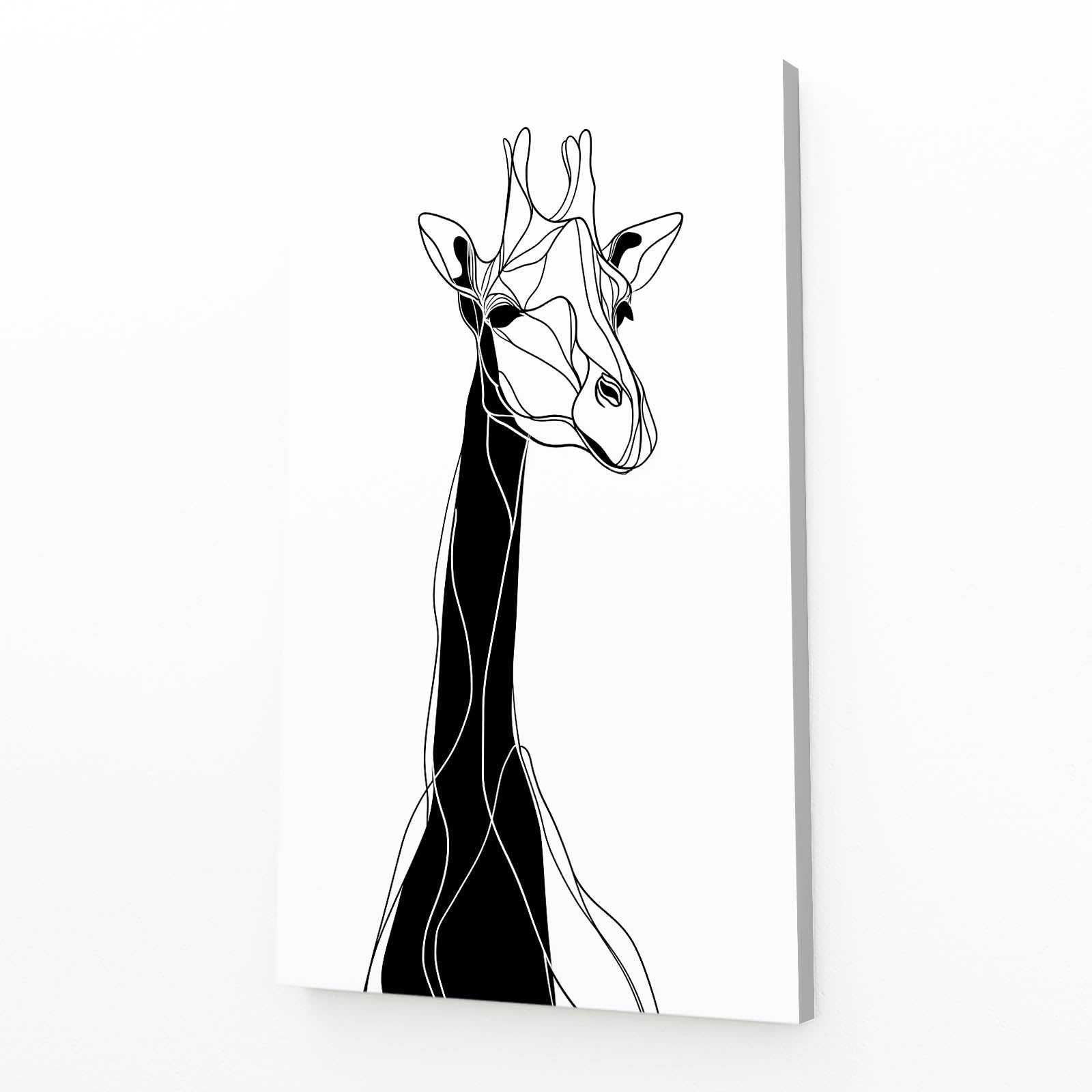 Minimalist black and white line art of a giraffe on a white background