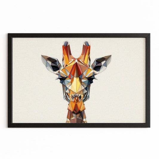 Geometric giraffe art print in a black frame on a beige background