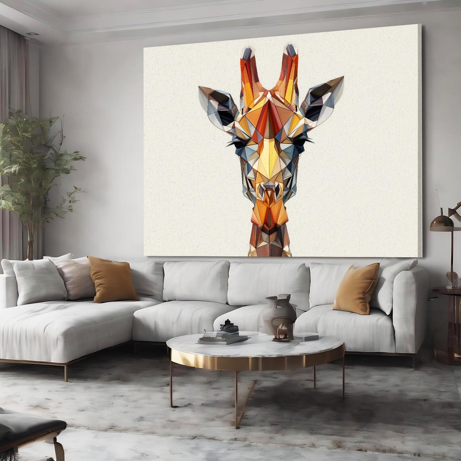 Living room with a modern sofa, coffee table, and abstract giraffe painting on the wall.