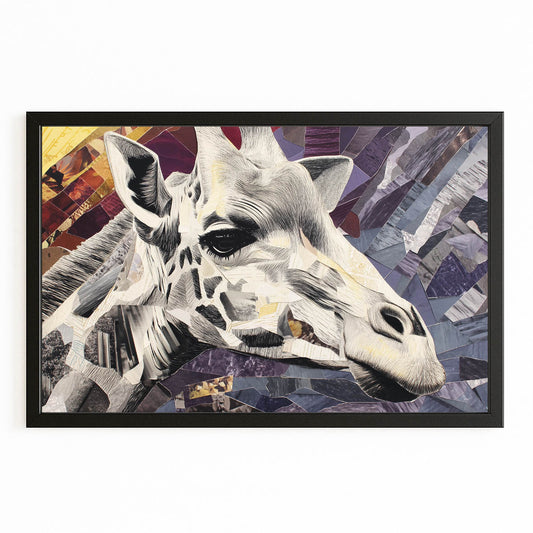 Framed artwork of a giraffe with a mosaic background