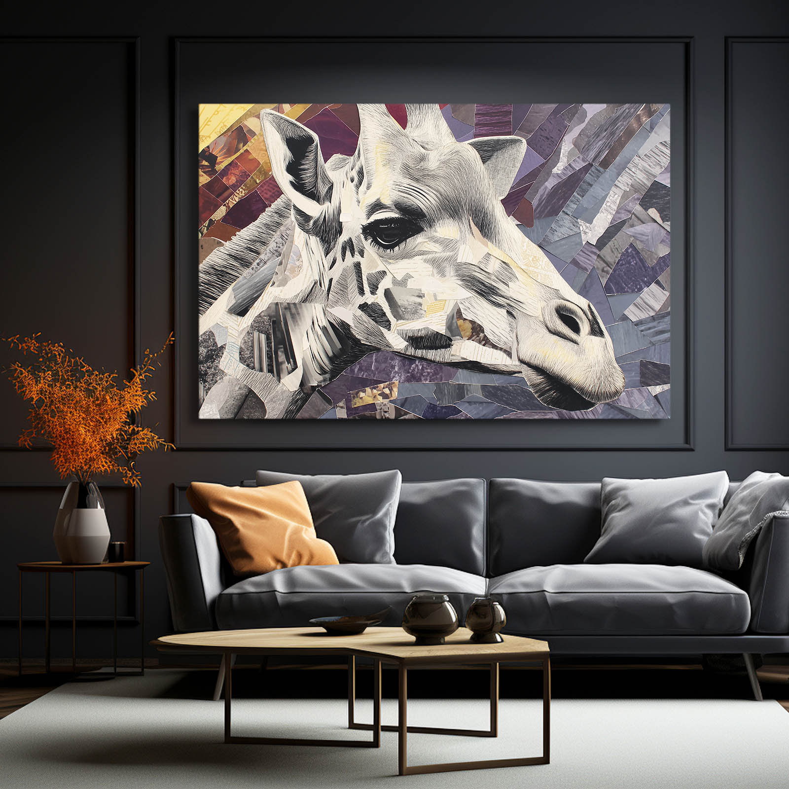Framed artwork of a giraffe on a wall above a gray sofa in a living room.