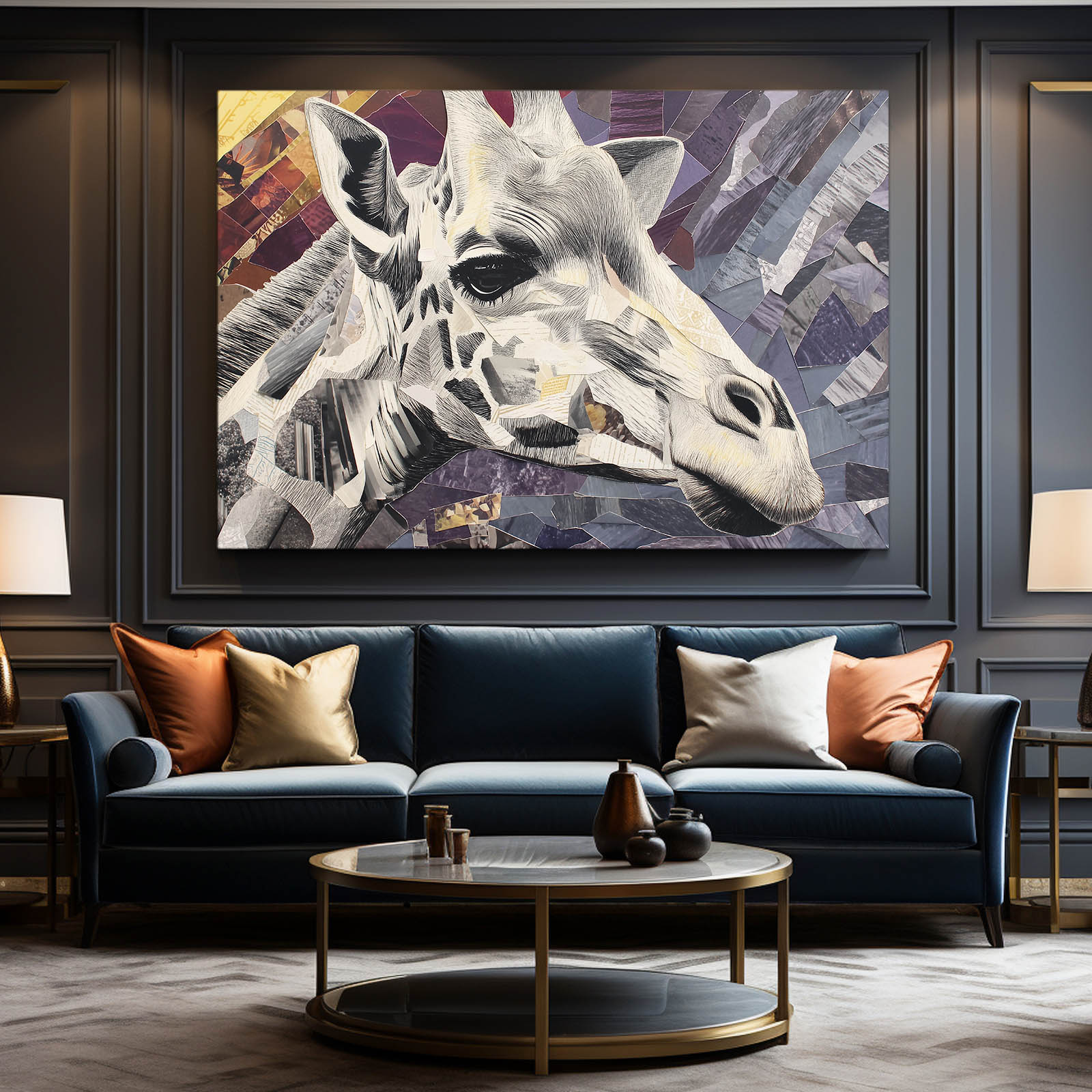 Living room with a blue sofa, round coffee table, and a large framed painting of a giraffe on the wall.