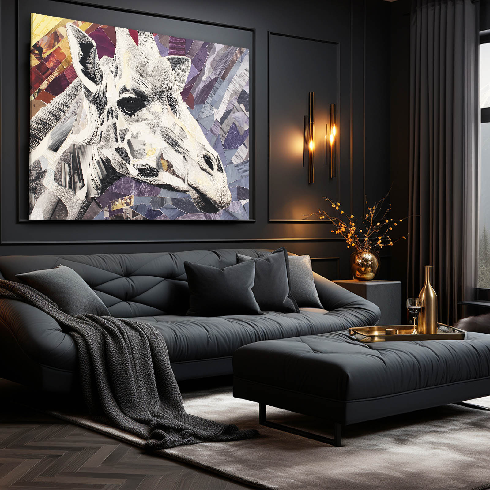 Modern living room with a dark gray sofa, ottoman, and wall art of a giraffe.