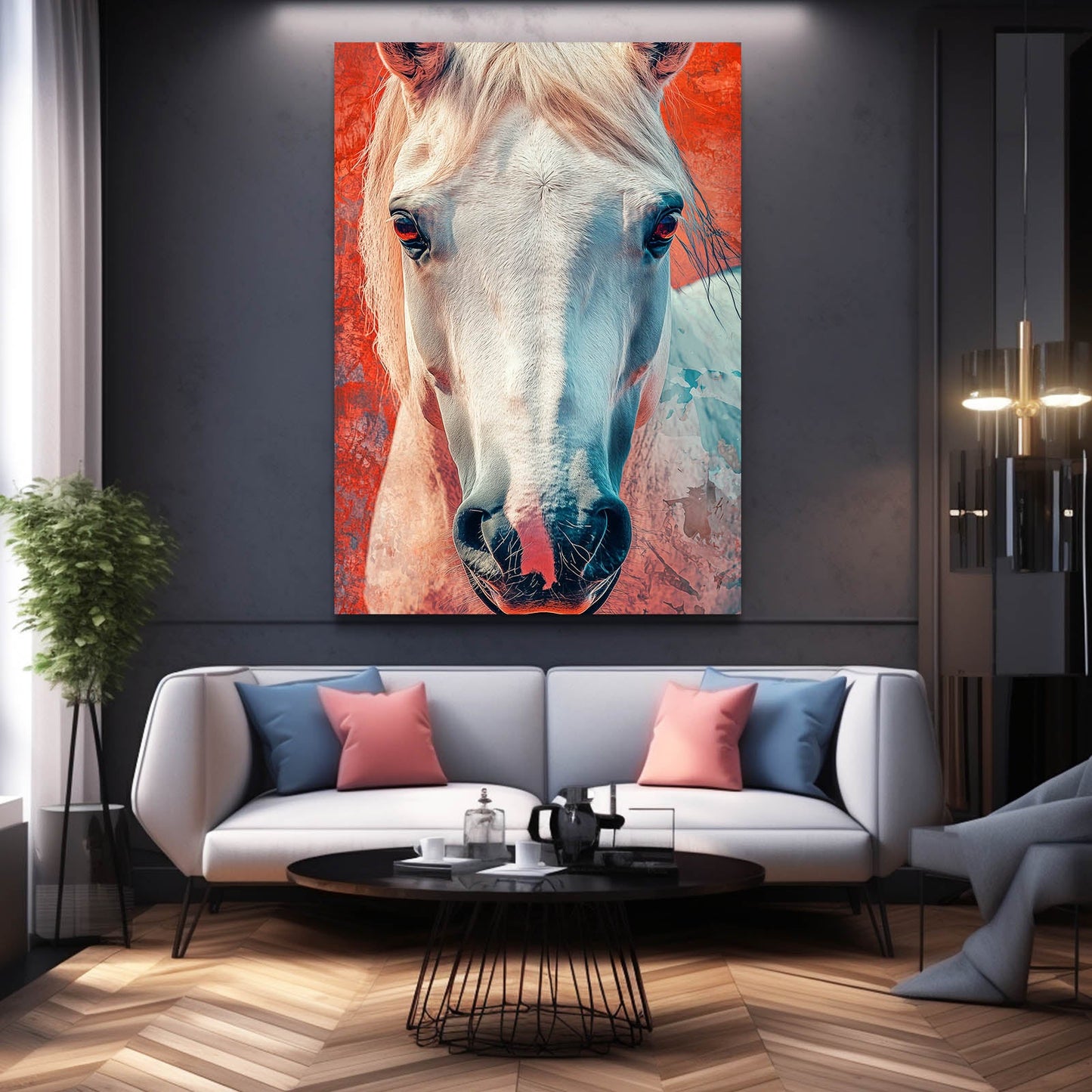 White Head Horse Wall Art – angled canvas view on white background