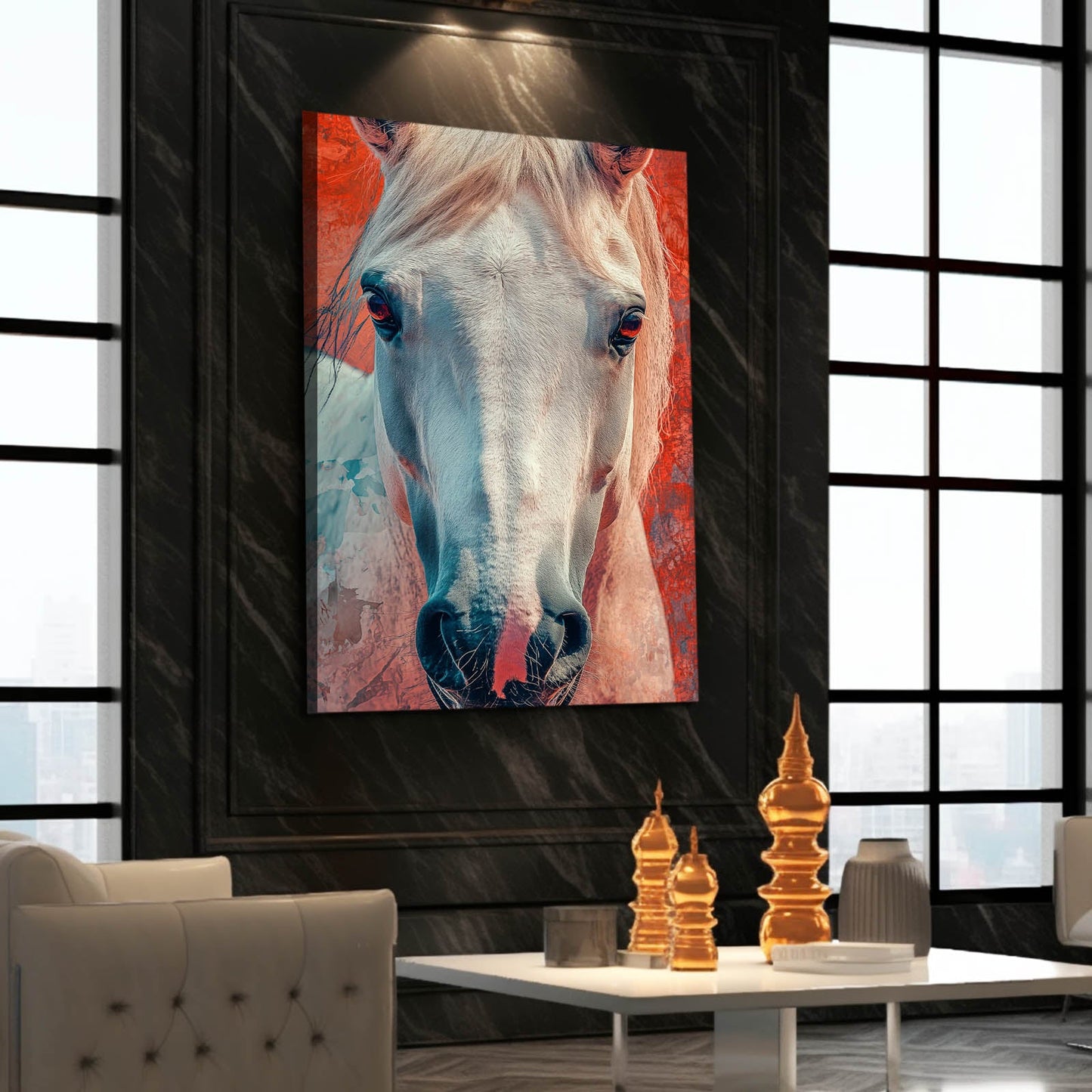 White Head Horse Wall Art – angled canvas view on white background