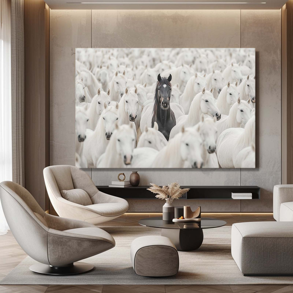 White Herd Standout Horse Wall Art — contemporary canvas print, styled in a furnished interior