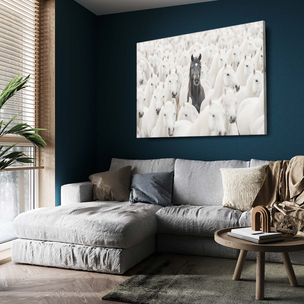 White Herd Standout Horse Wall Art — contemporary canvas print, styled in a furnished interior