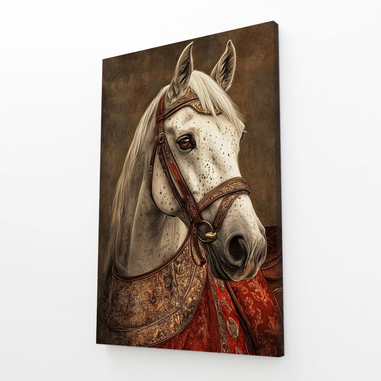 White Horse Wall Art – angled canvas view on white background