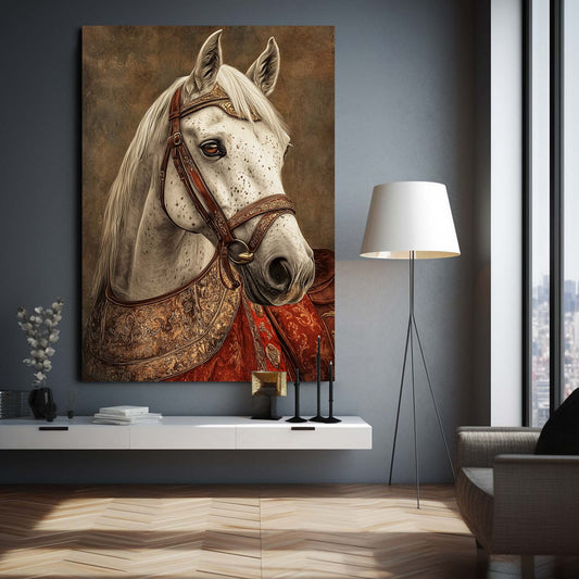 White Horse Wall Art – angled canvas view on white background