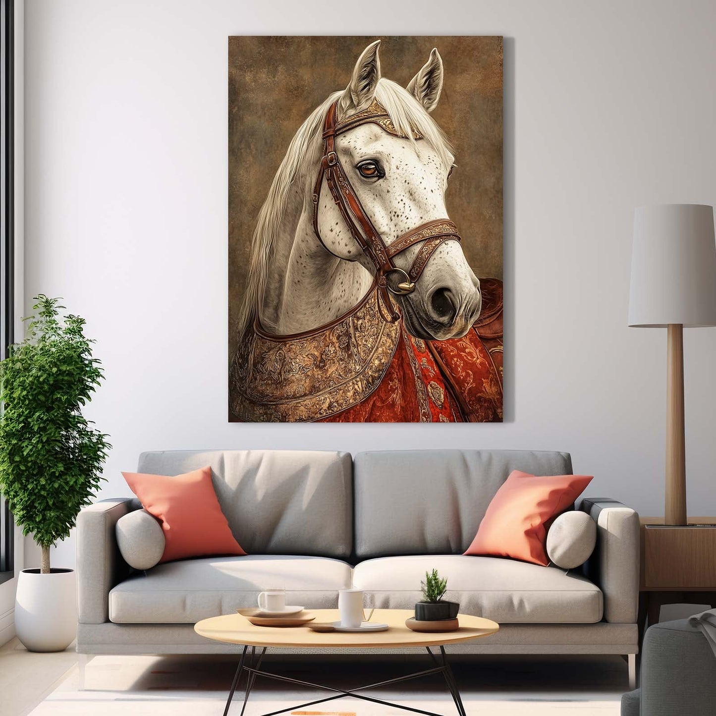 White Horse Wall Art – angled canvas view on white background