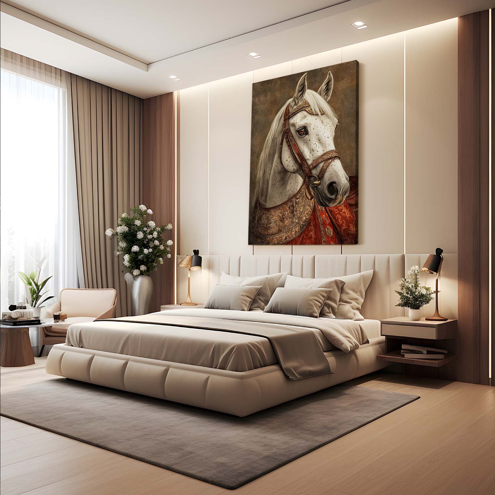 White Horse Wall Art – angled canvas view on white background