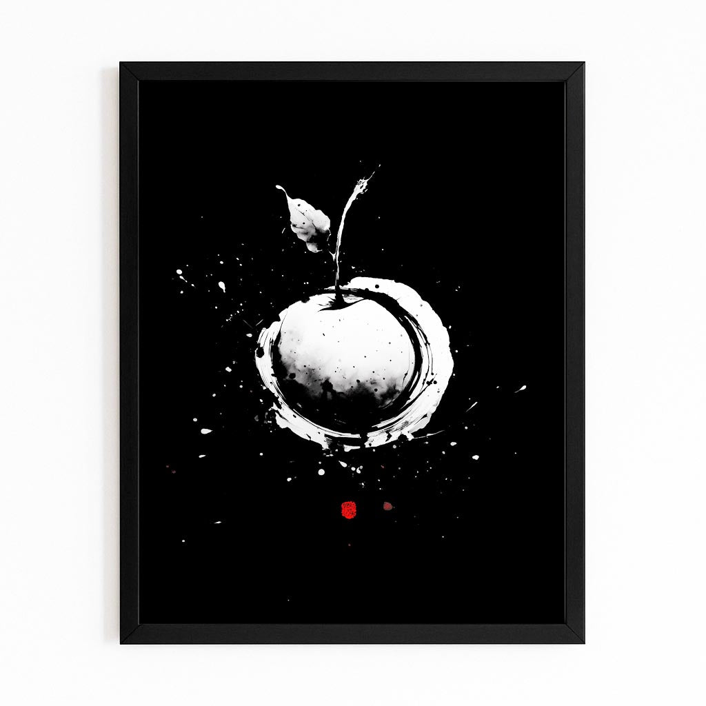 White Ink Splash Apple Wall Decor – with Premium Black frame on white background