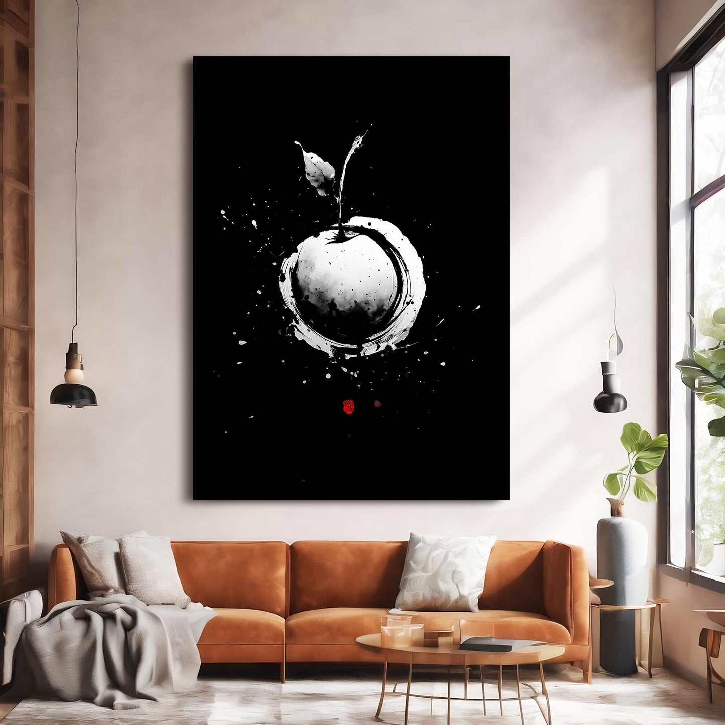 White Ink Splash Apple Wall Decor – styled in a furnished interior