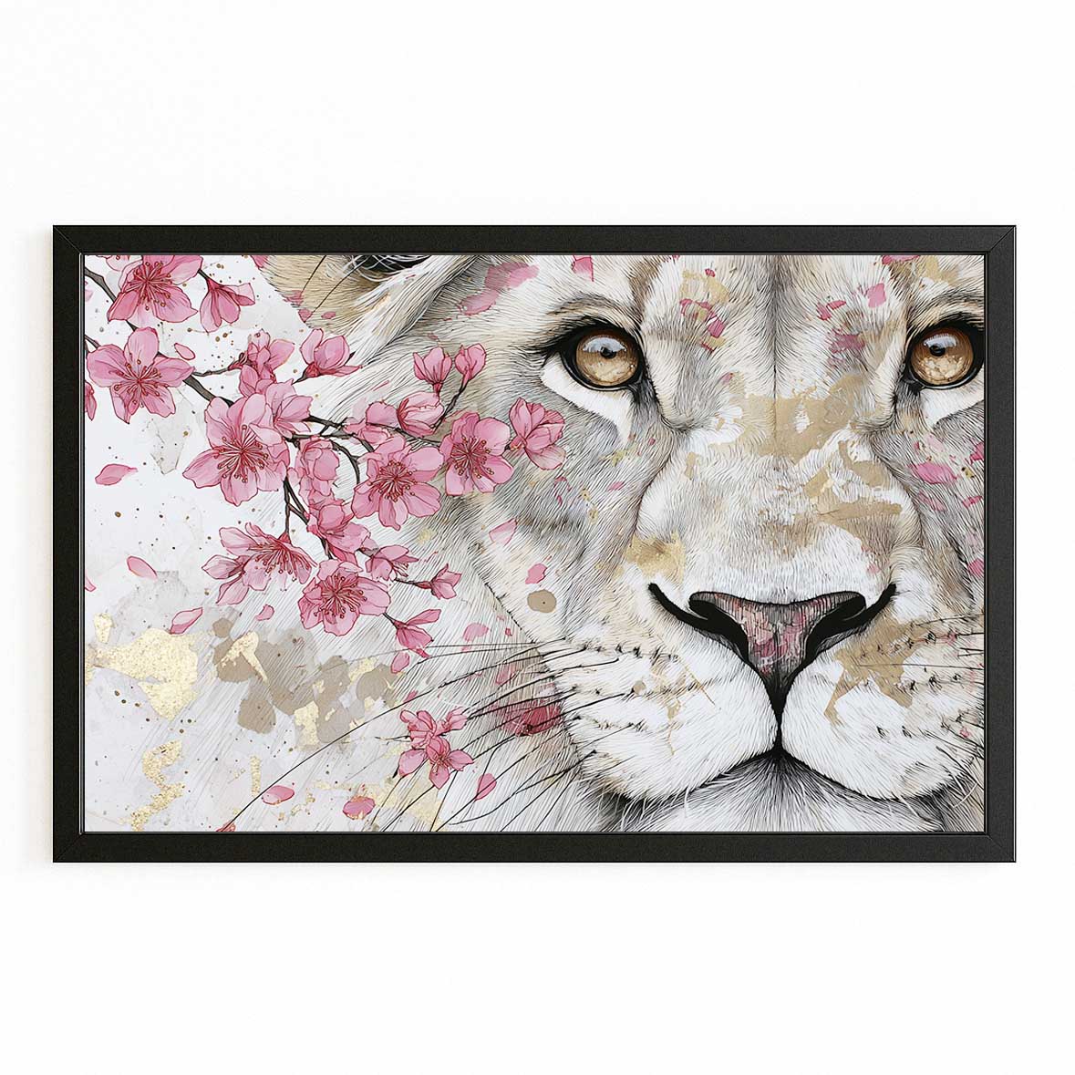 White Lion Cherry Blossom Wall Art – with Premium Black frame on white background