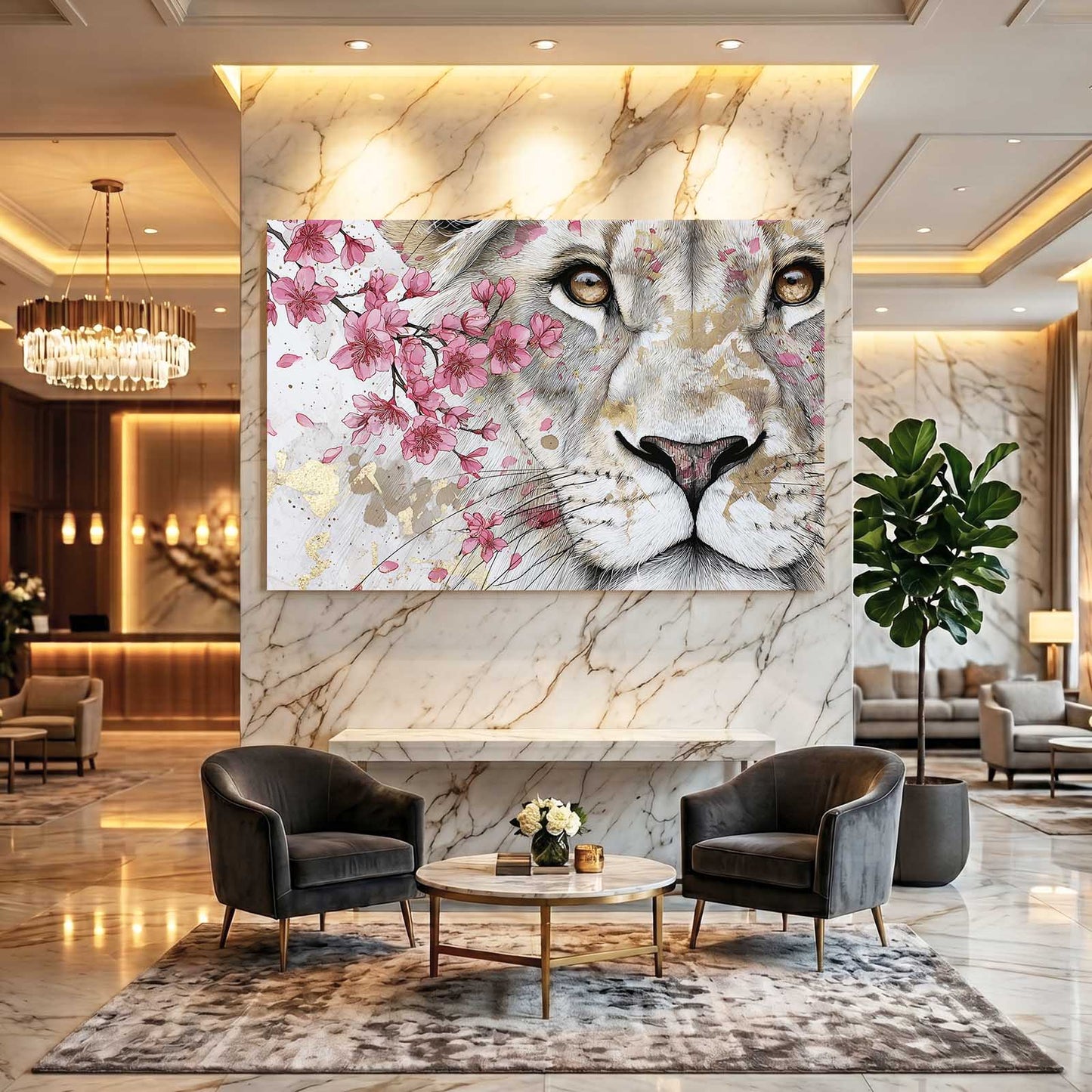 White Lion Cherry Blossom Wall Art – styled in a furnished interior
