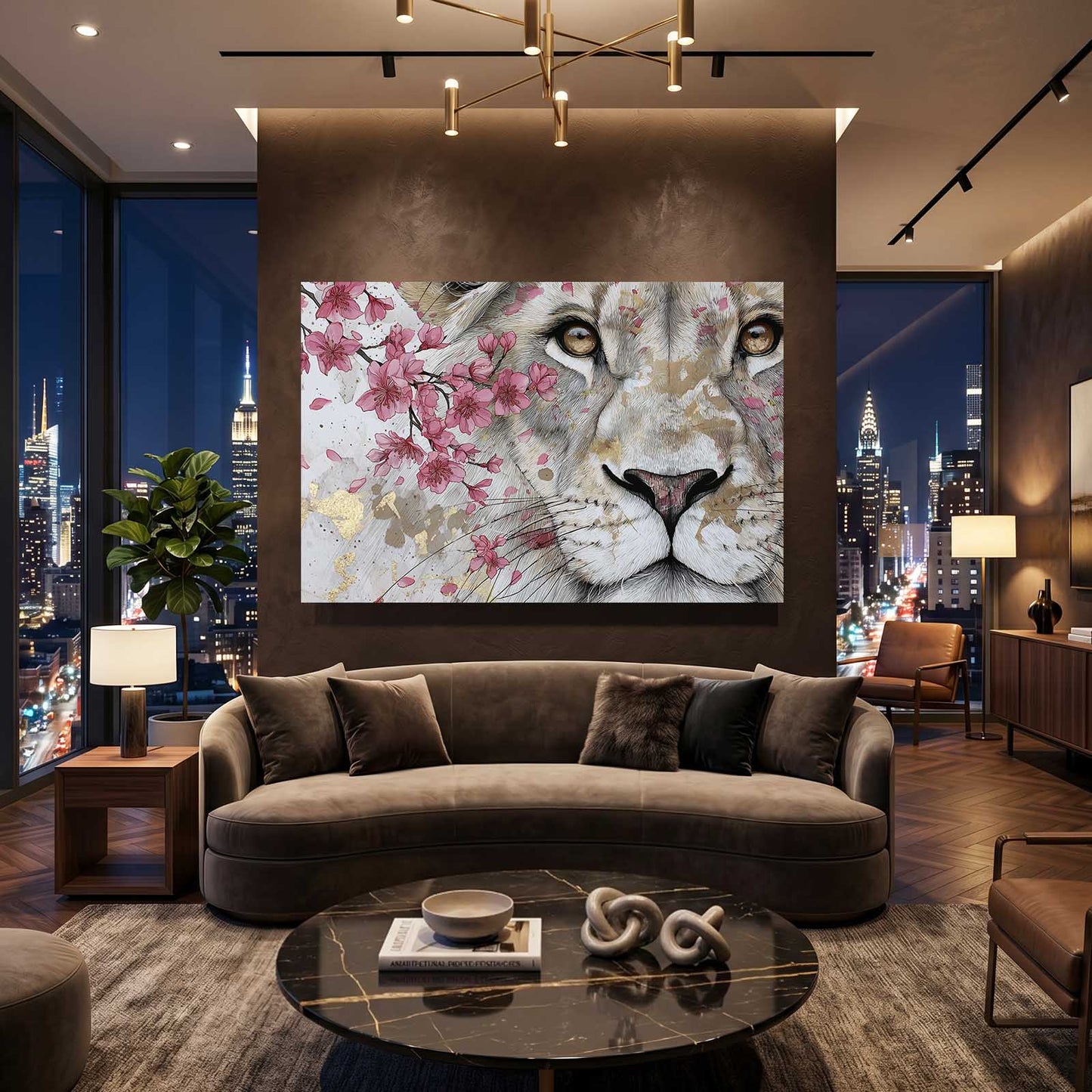 White Lion Cherry Blossom Wall Art – styled in a furnished interior