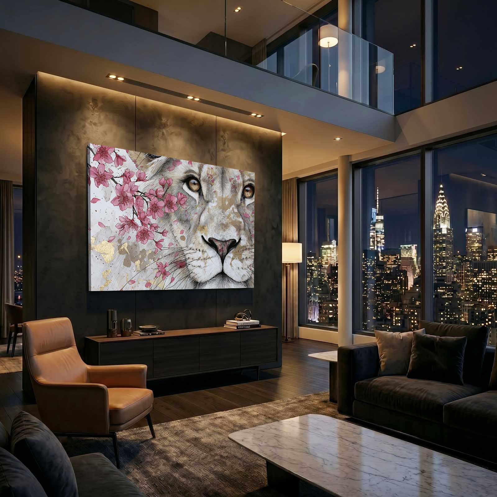 White Lion Cherry Blossom Wall Art – styled in a furnished interior