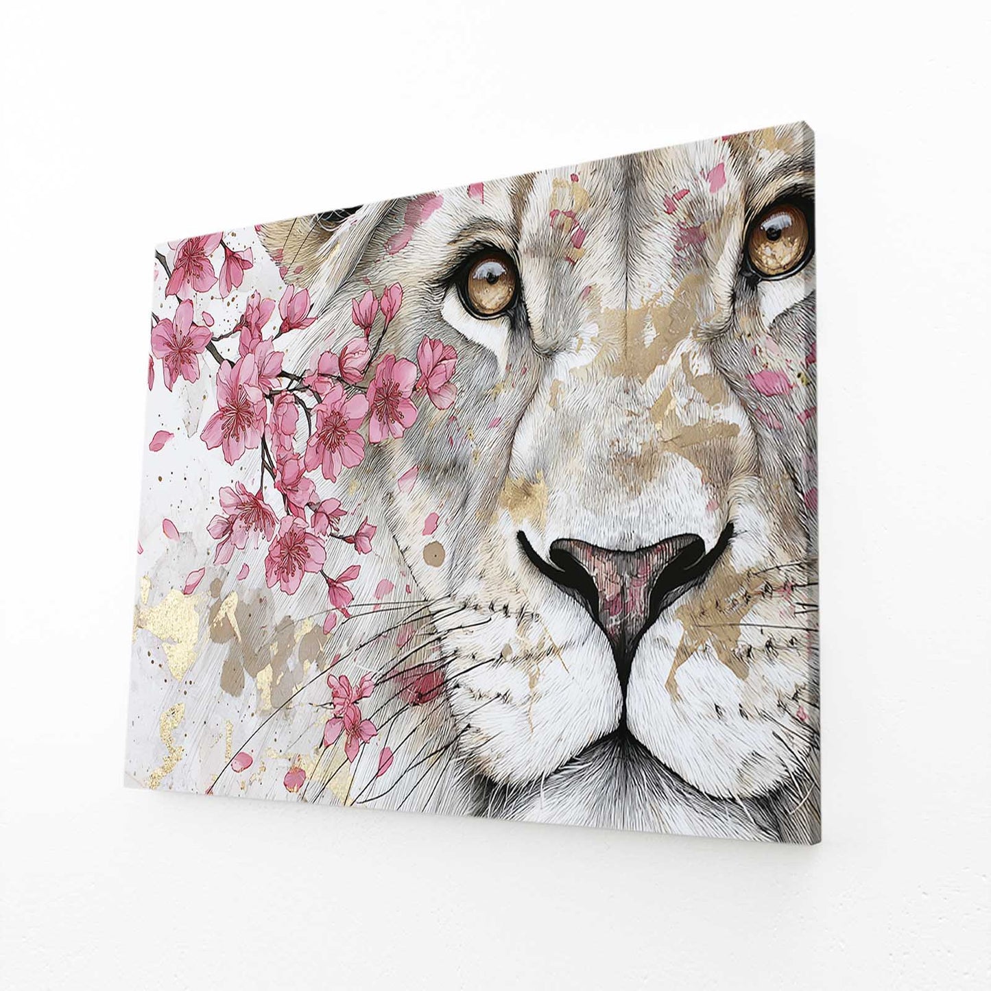 White Lion Cherry Blossom Wall Art – angled canvas view on white background