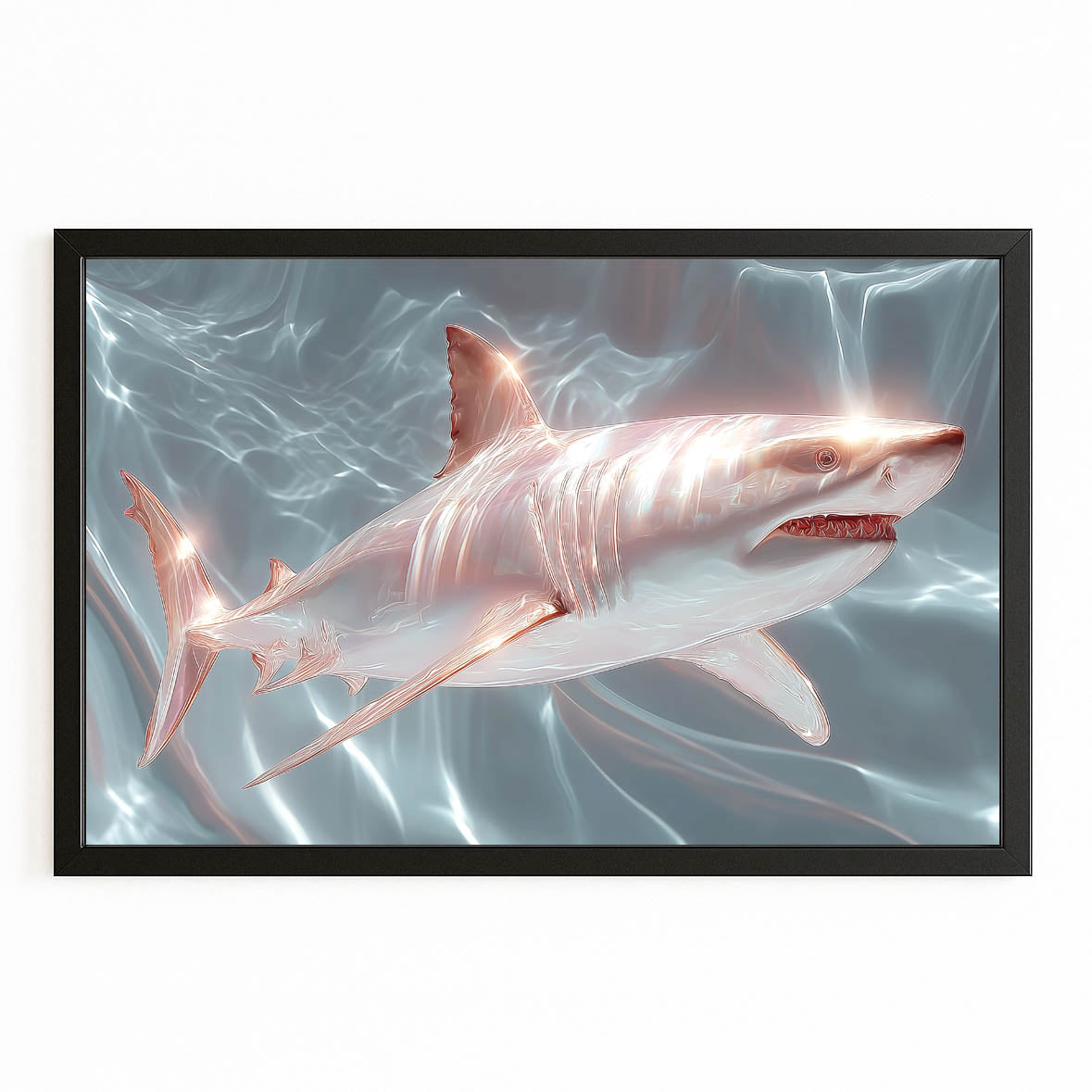 White Silk Shark Canvas – with Premium Black frame on white background