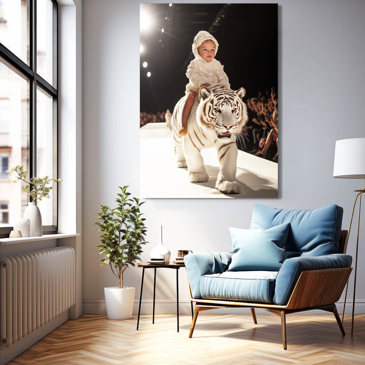 White Tiger Runway Wall Art — photography canvas print, styled in a furnished interior