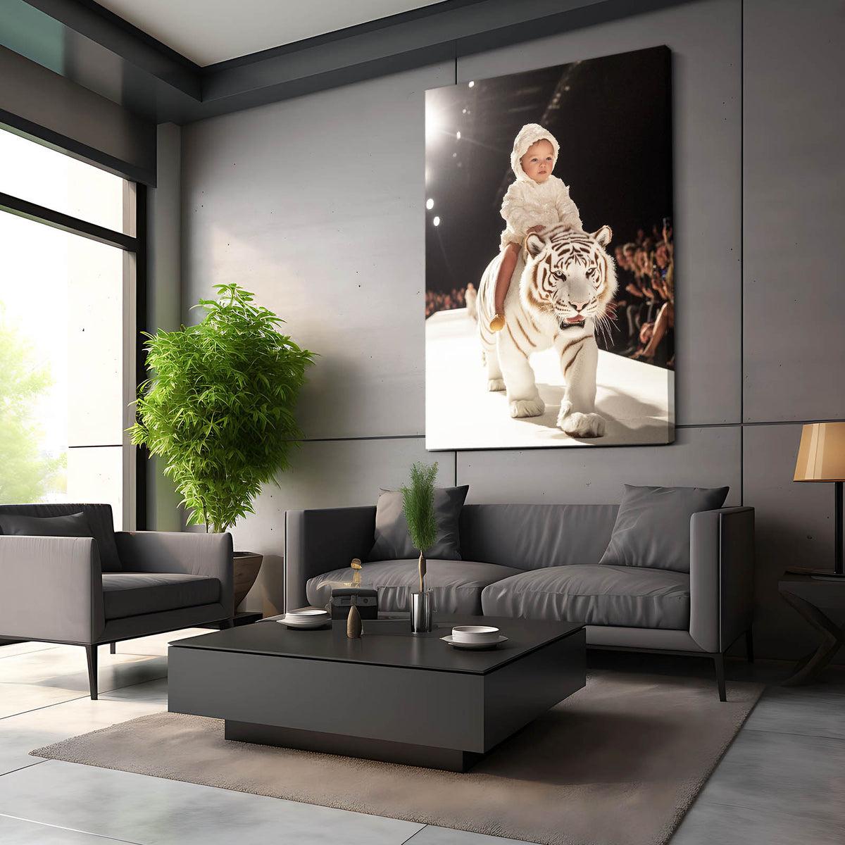 White Tiger Runway Wall Art — photography canvas print, styled in a furnished interior