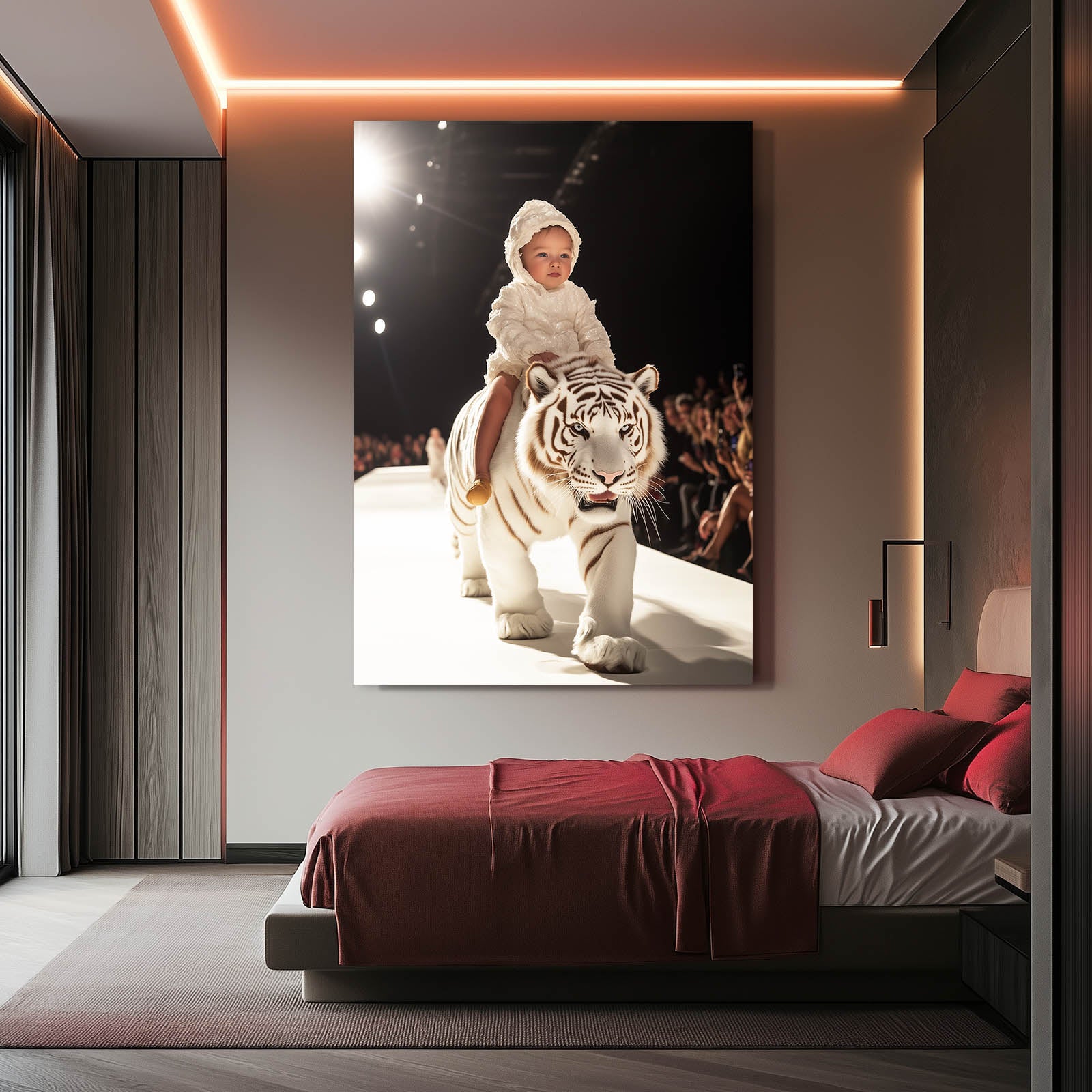 White Tiger Runway Wall Art — photography canvas print, styled in a furnished interior