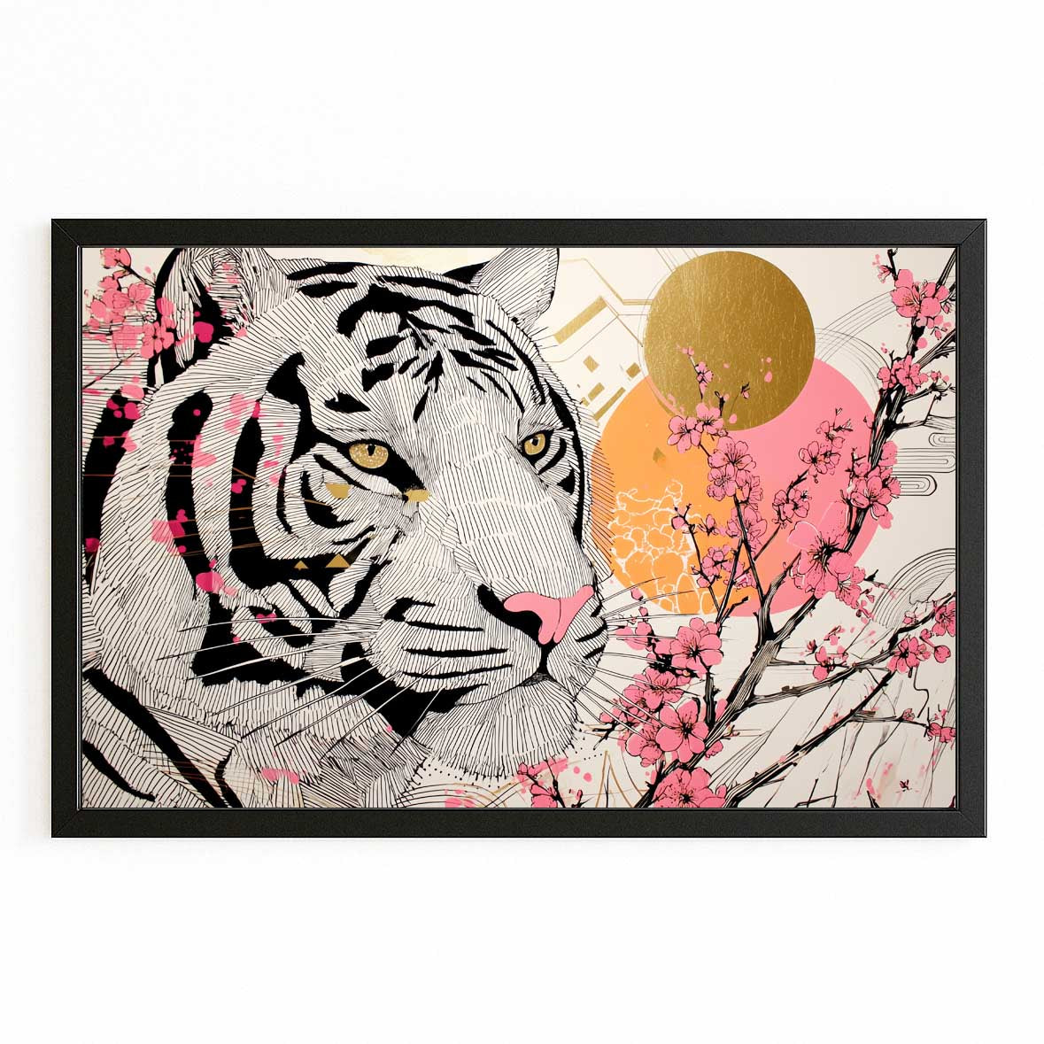 White Tiger Sun Cherry Blossom Art – with Premium Black frame on white background