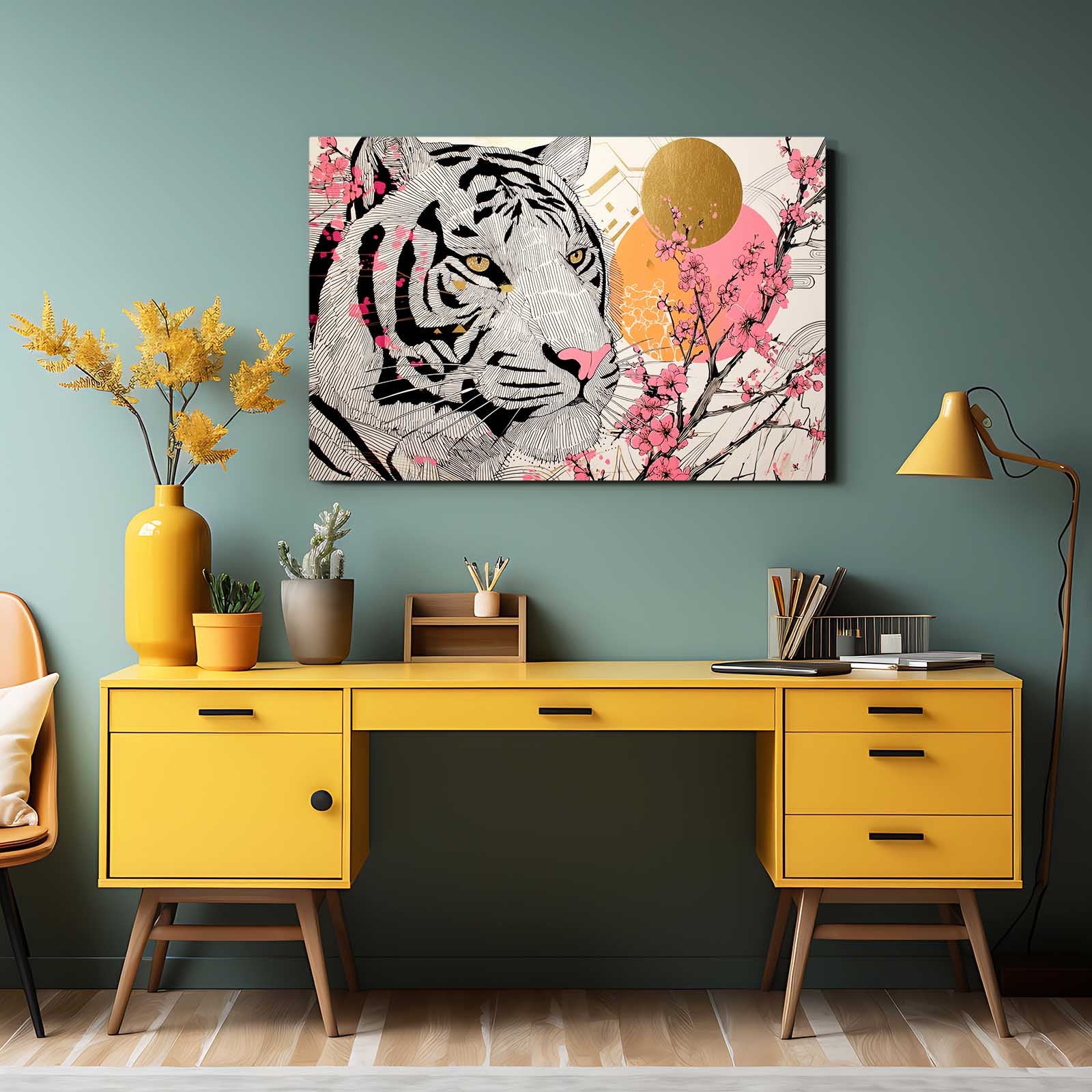 White Tiger Sun Cherry Blossom Art – styled in a furnished interior