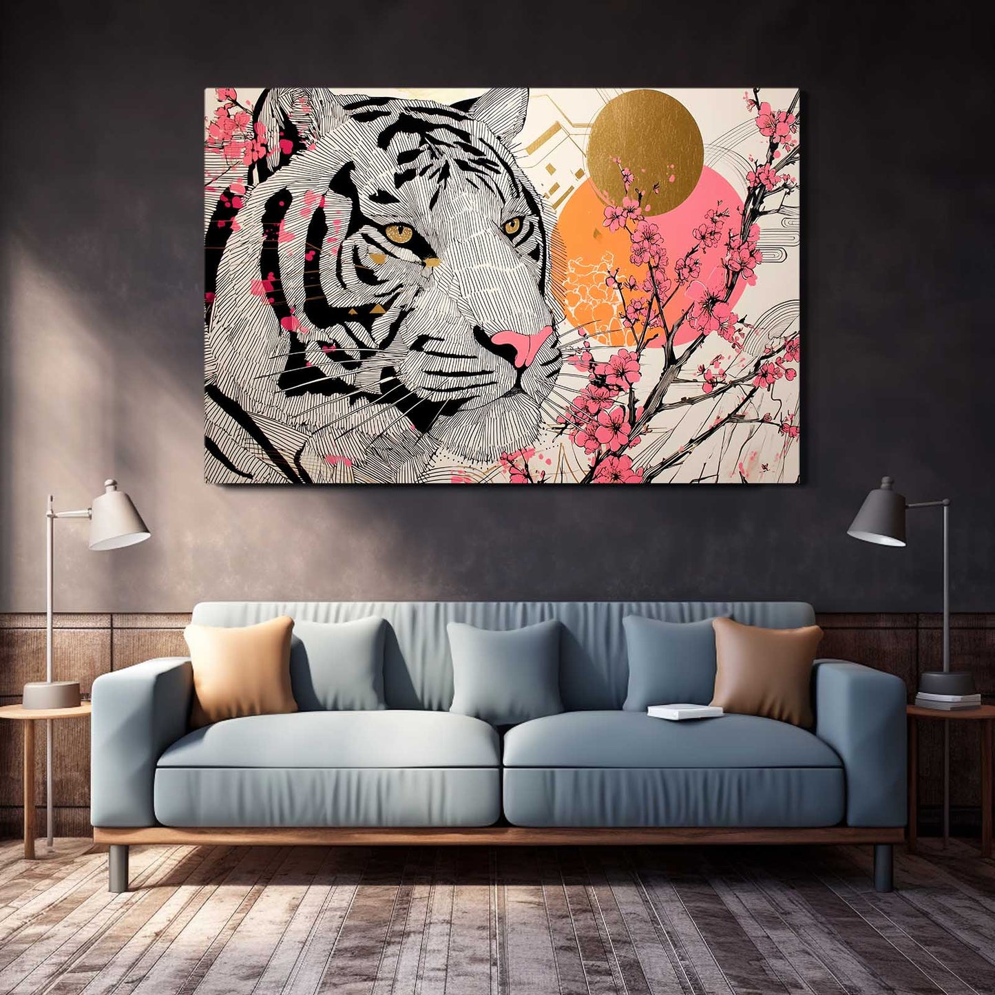 White Tiger Sun Cherry Blossom Art – styled in a furnished interior