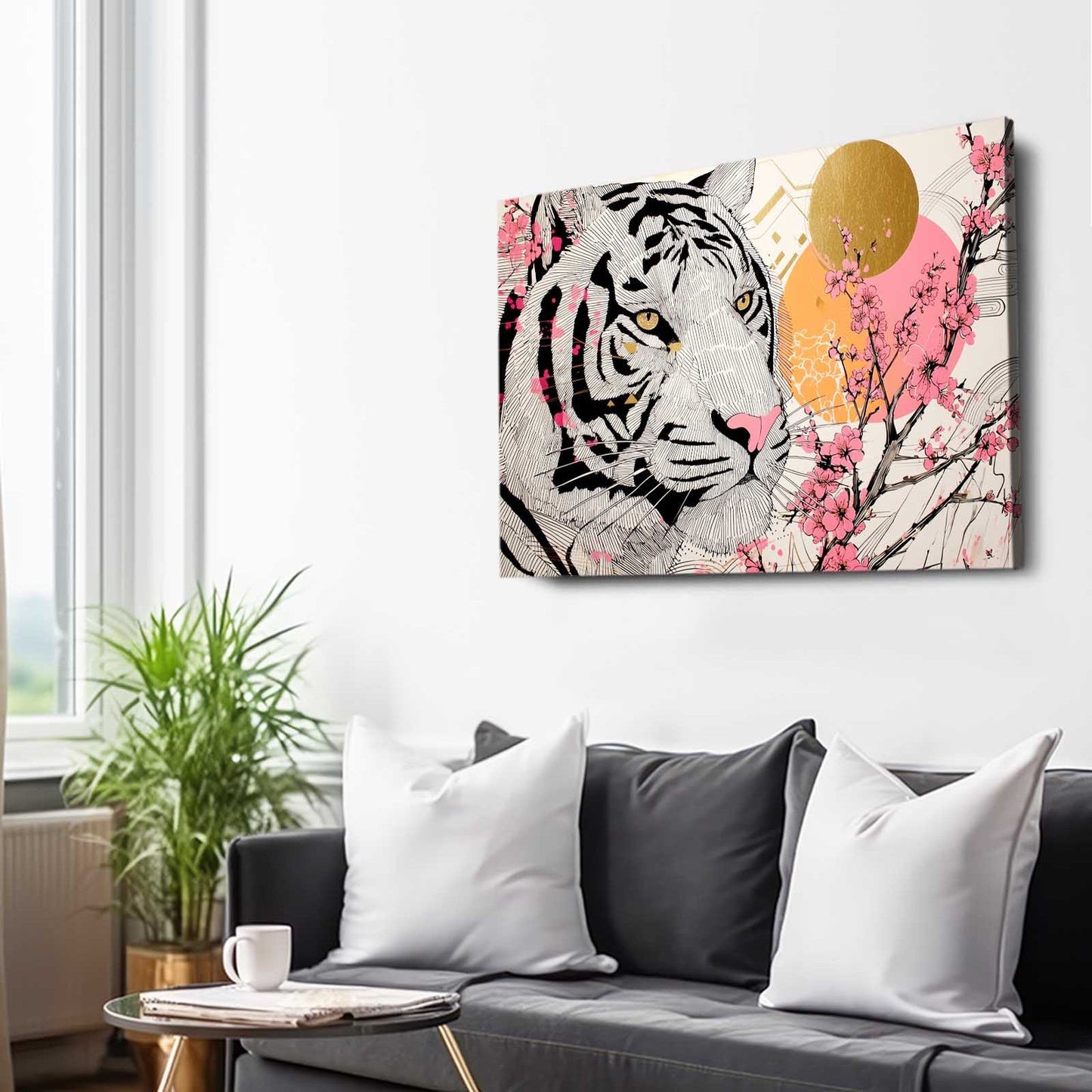 White Tiger Sun Cherry Blossom Art – styled in a furnished interior