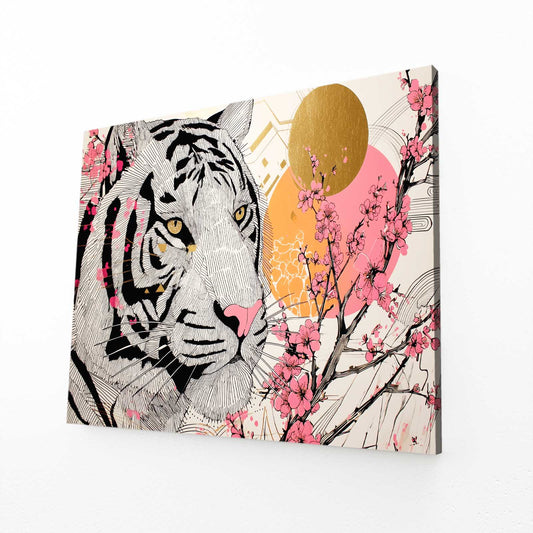 White Tiger Sun Cherry Blossom Art – angled canvas view on white background