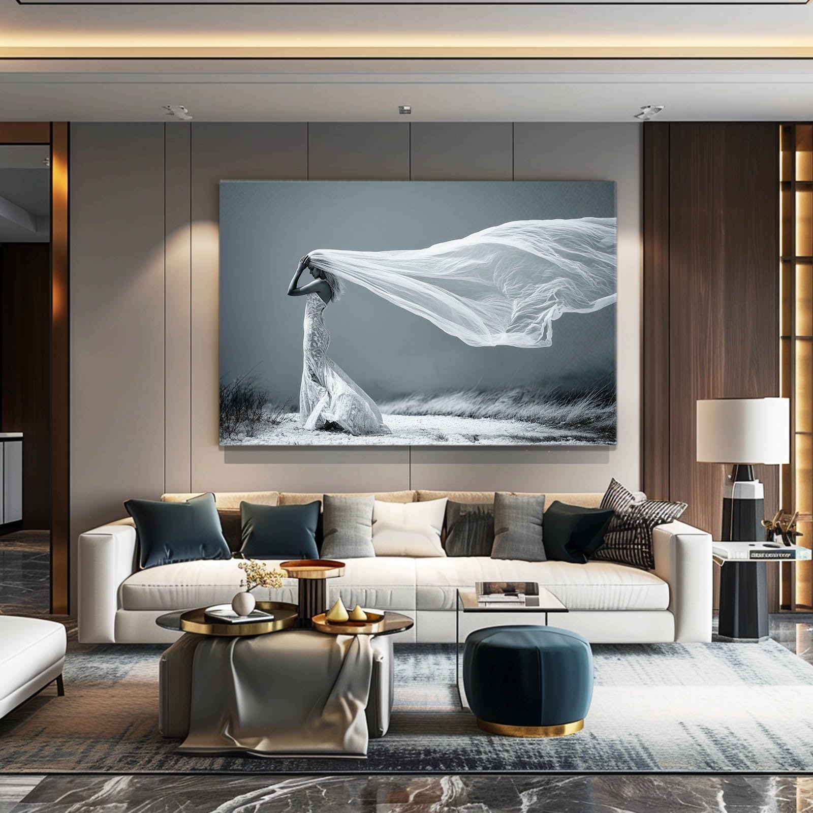 White Veil Wind Dress Photography Art – styled in a furnished interior