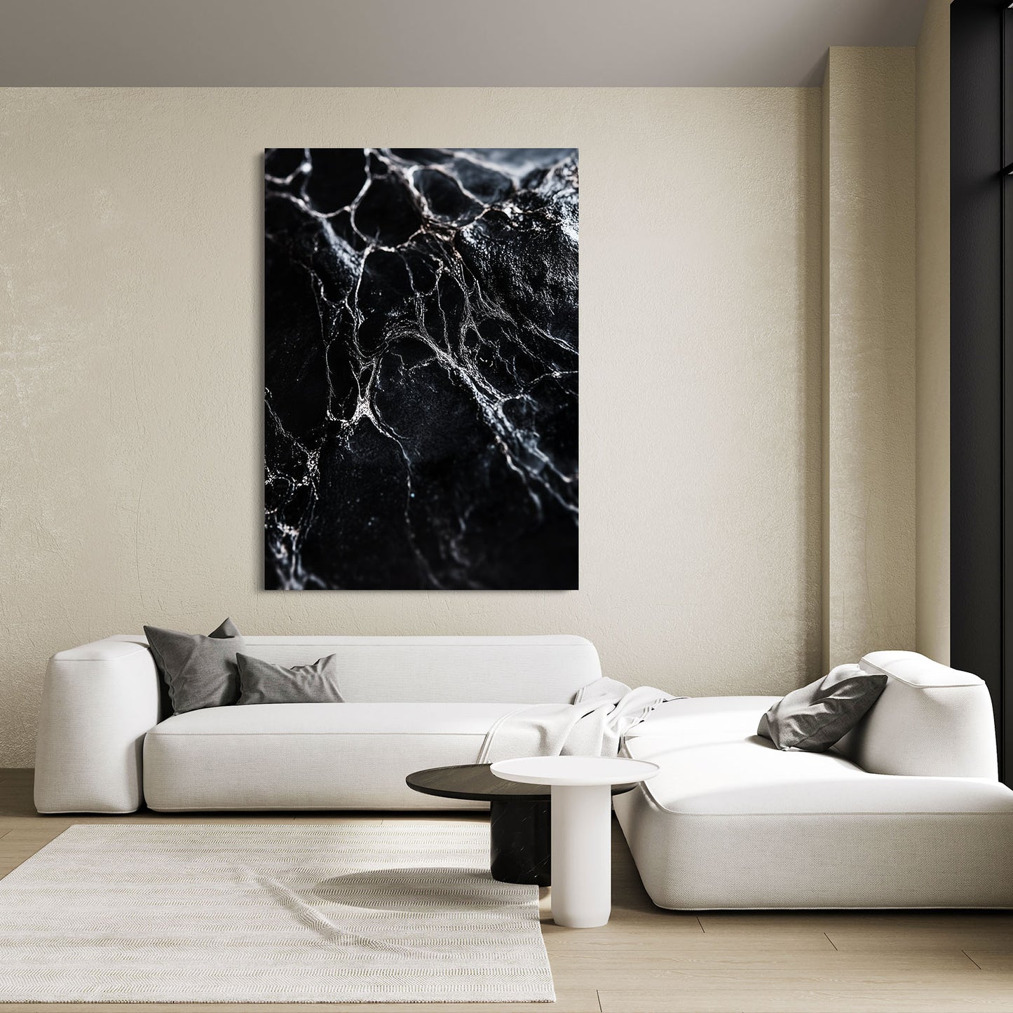 White Vein Black Marble Abstract Wall Decor – styled in a furnished interior