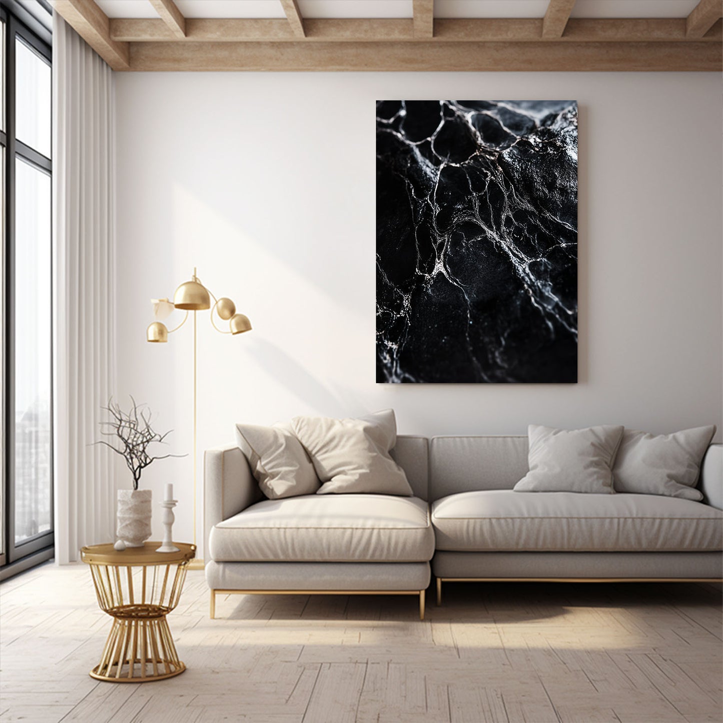 White Vein Black Marble Abstract Wall Decor – styled in a furnished interior